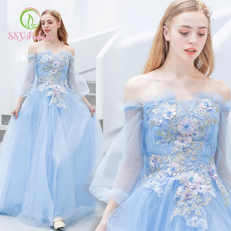 Женское вечернее платье SSYfashion синее длинное до пола с вырезом лодочкой и