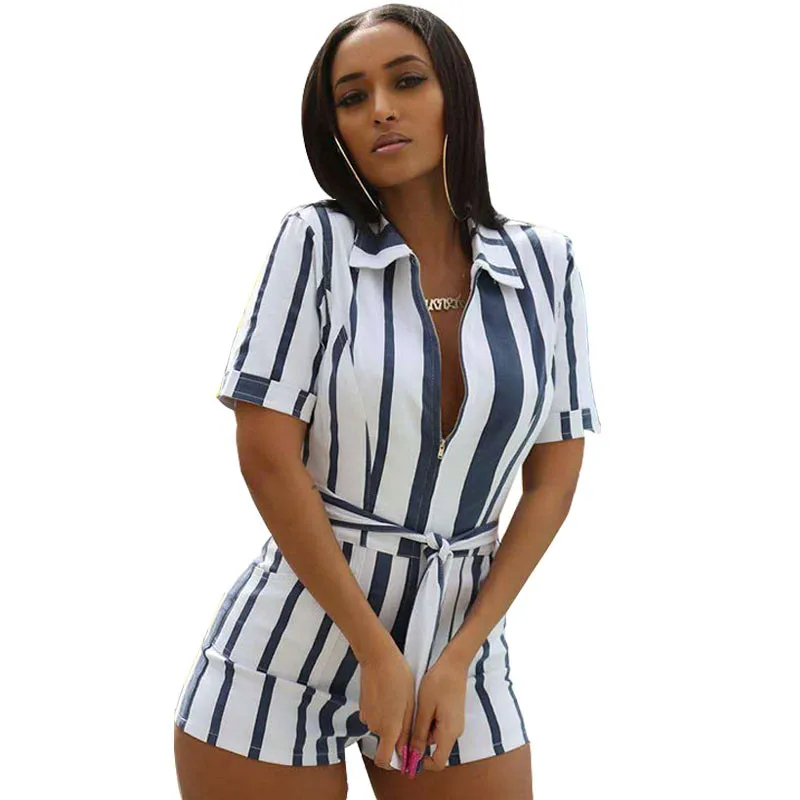 Сексуальный спереди молния полосатый пляжный костюм шорты комбинезон для женщин