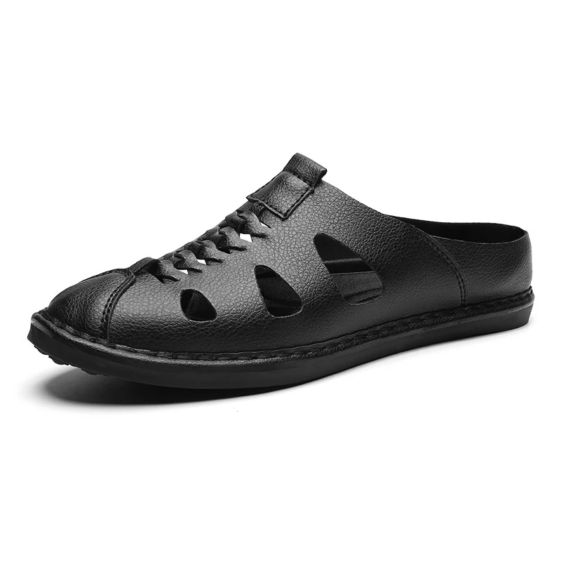 Black Новинка года; мужские сандалии из натуральной кожи; Мужская обувь; Sandalias Hombre Sandles Sandalet; летние сандалии; большие размеры 38-46 47 - Цвет: Black