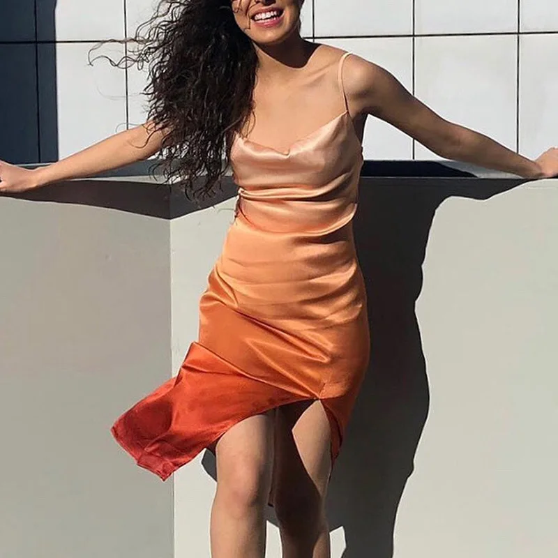 

NORMOV Fashion Sexy Women Summer Dress Color Gradient Printing Sleeveless Spaghetti Strap Lady Casual Loose Split Dress