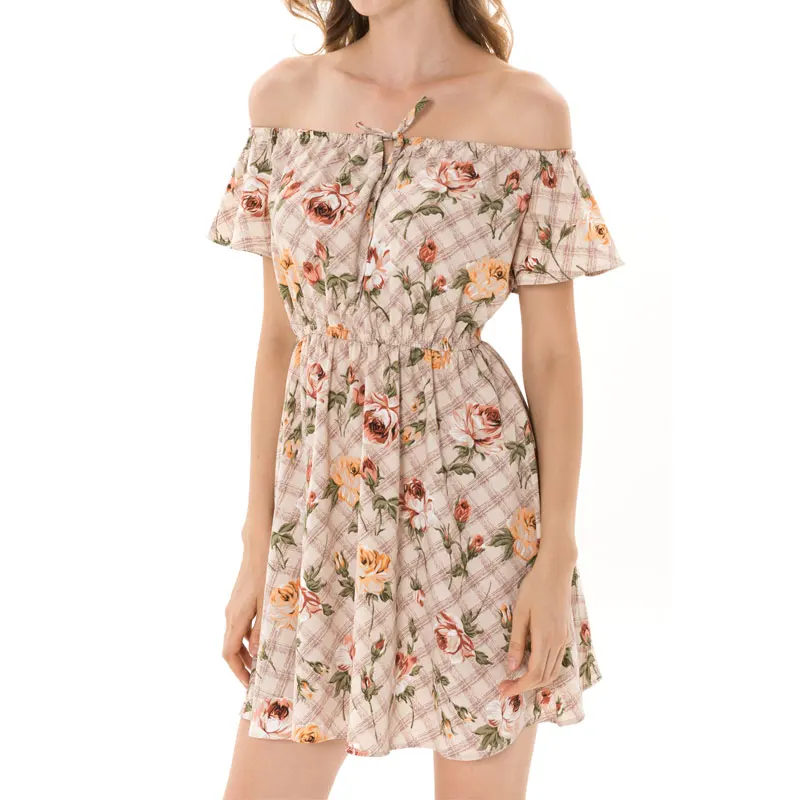 

Summer Beach Dress for Women Elegant Casual Flower Print Off Shoulder Robe Boho Elastic Waist Sexy Ladies Party Dress Vestidos