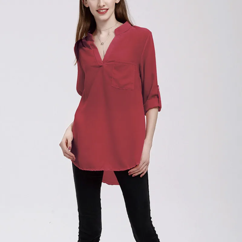 Женская блузка большого размера с v образным вырезом длинным рукавом карманом