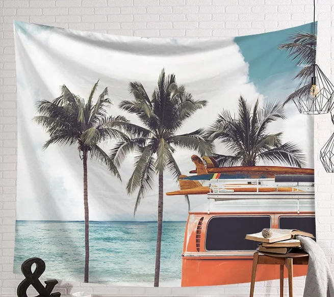 

CAMMITEVER Summer Coconut Tree Beach Bus Tapestry Wall Tapestry Wall Hanging Bedspread Beach Mat Pink Flamingo And Leaves