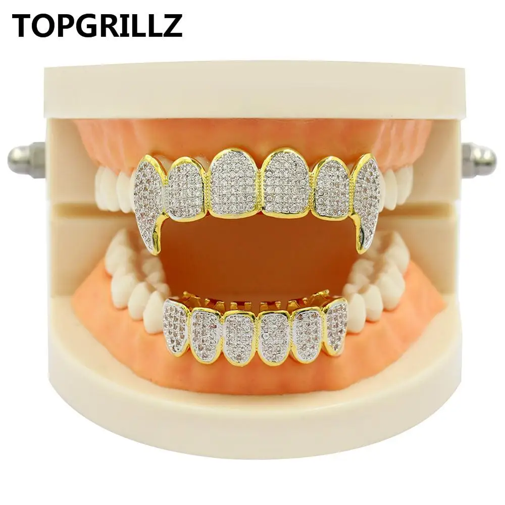 Gold Set TOPGRILLZ пользовательский Fit посеребренный CZ микро проложить сверху и снизу Пользовательские Гриль Набор родий зубы грили вампирский зуб Grillz - Окраска металла: Gold Set