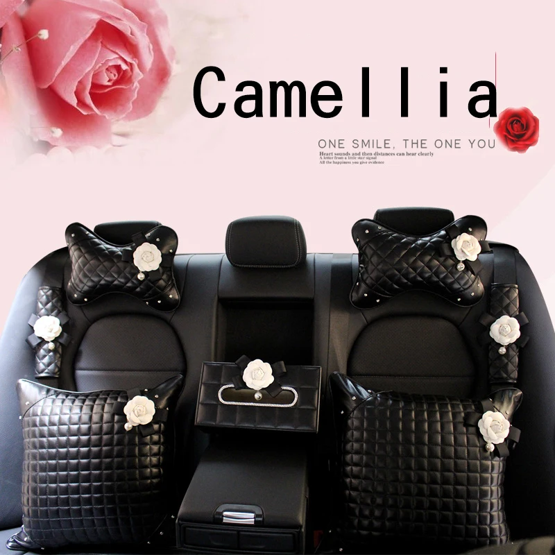 Чехол на руль автомобиля Camellia Flower Модная Кожаная подушка подголовник