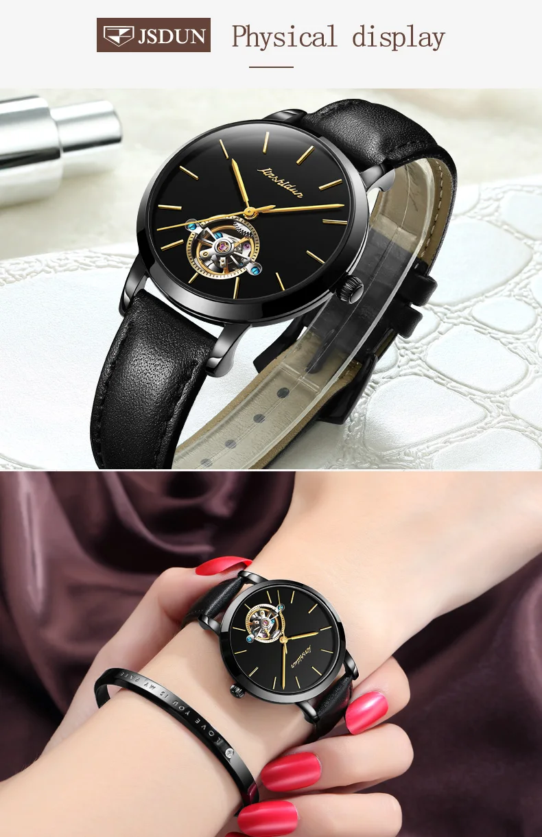JSDUN женские часы Tourbillon Роскошные кожаные автоматические механические часы женские полностью стальные скелетные водонепроницаемые спортивные часы
