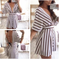 s 2xl women half sleeve deep v neck mini dress autumn spring brand striped dress belt casual leisure short dress