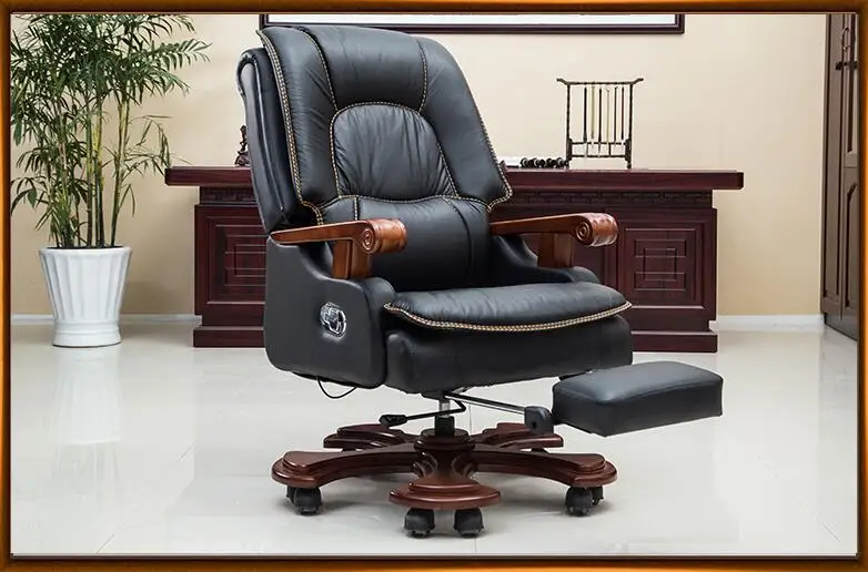 Solid wood study chair reclining boss home office leather leisure computer swivel chair. | Мебель