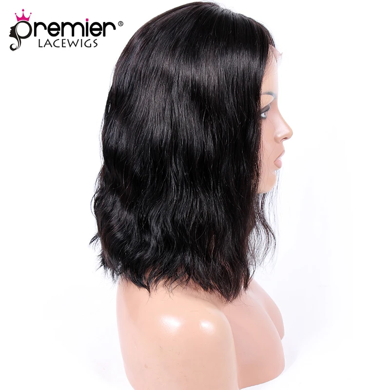 PREMIER Lace Front Wigs Short Wavy Bob Black Choppy Style Middle Part Indian Remy Human Hair [CLFW-55] | Шиньоны и парики