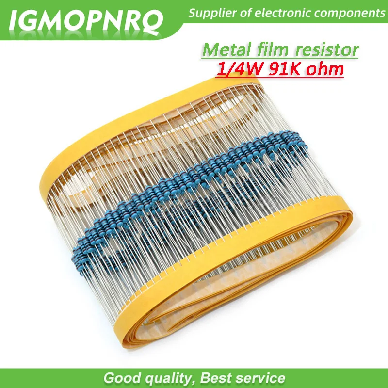 100pcs Metal film resistor Five color ring Weaving 1/4W 0.25W 1% 91K ohm 91Kohm | Электронные компоненты и
