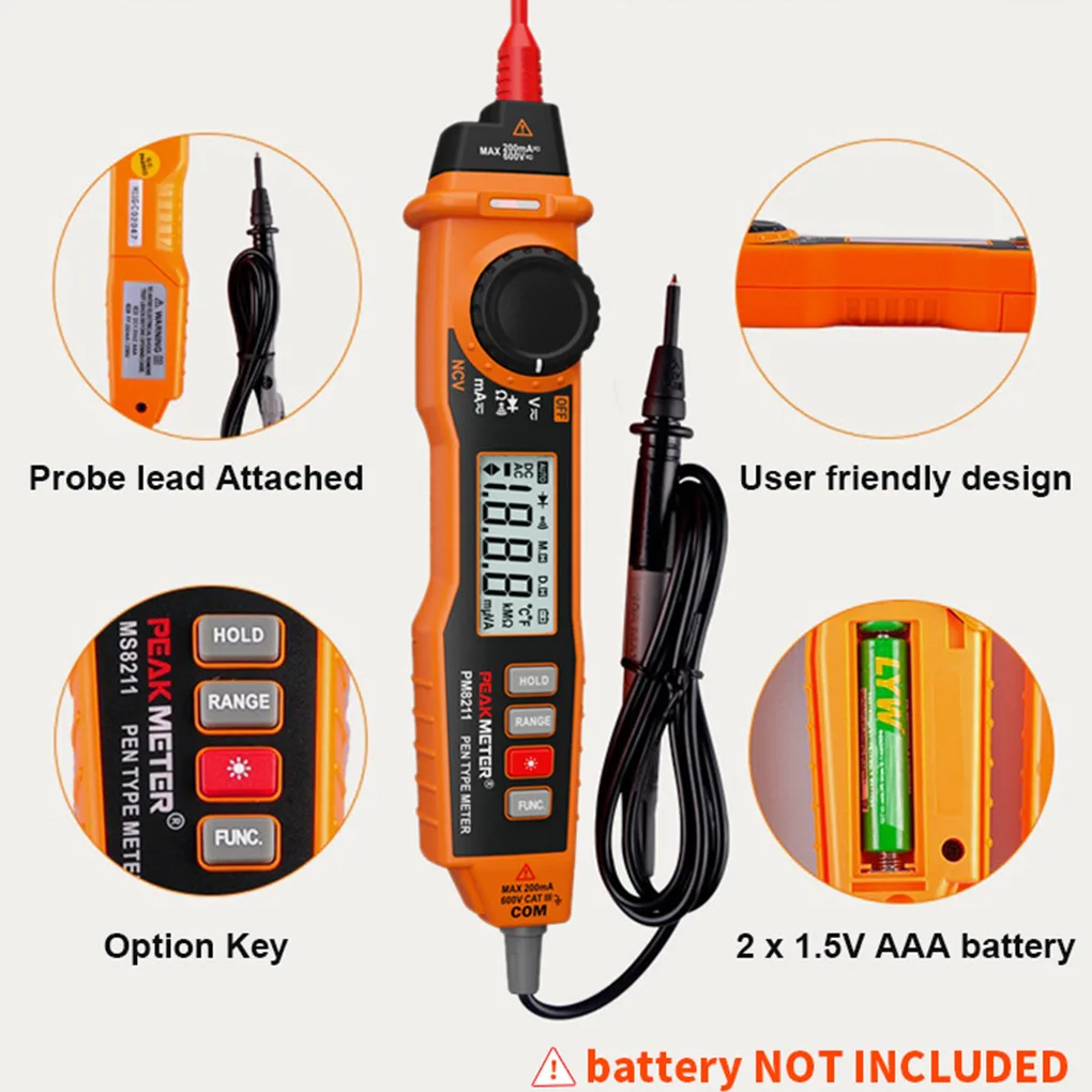 PEAKMETER MS8211 Ручка Тип Цифровой мультиметр Авто ручной диапазон Бесконтактный Напряжение Ток Ом детектор метр