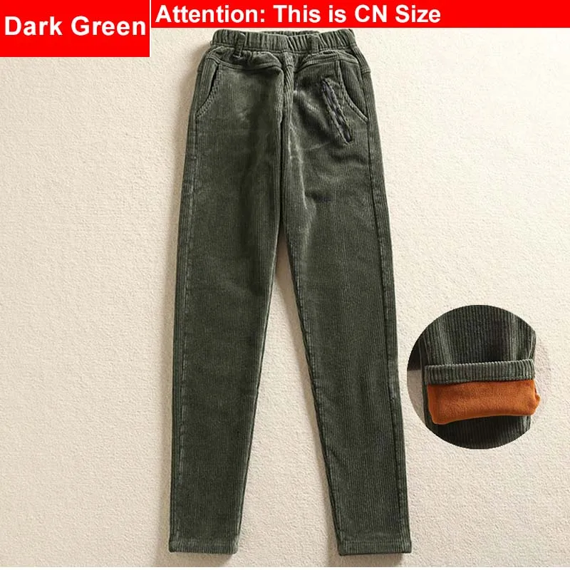 Dark Green (fleece) Вельветовые узкие брюки размера плюс с эластичной резинкой на талии, 3Xl 4Xl, розовые, кофейные, винно-красные зимние обтягивающие повседневные брюки, штаны с начесом - Цвет: Dark Green (fleece)