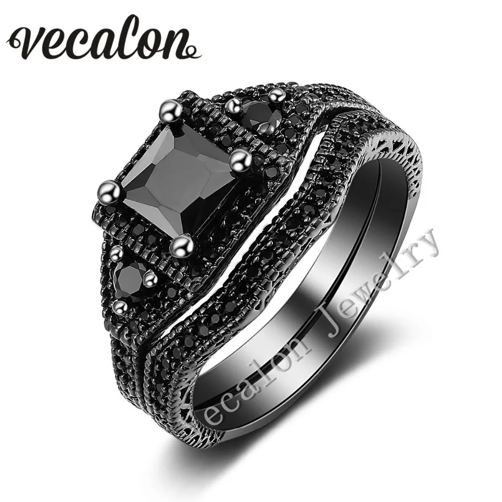 Женское Обручальное кольцо с черным камнем фианитом|ring set|rings set for womenwedding band |