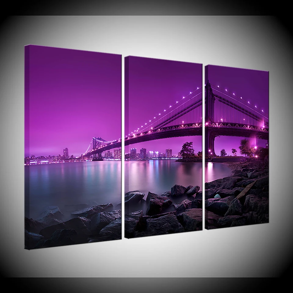 

3 Pcs/Set Modern Wall Painting Brooklyn Bridge Combined Paintings Purple Canvas Print Wall Art Picture Framed Painting Artwork