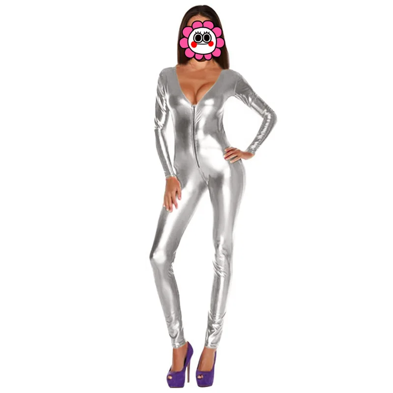 Женский комбинезон из ПУ кожи с V-образным вырезом и молнией спереди | Женская