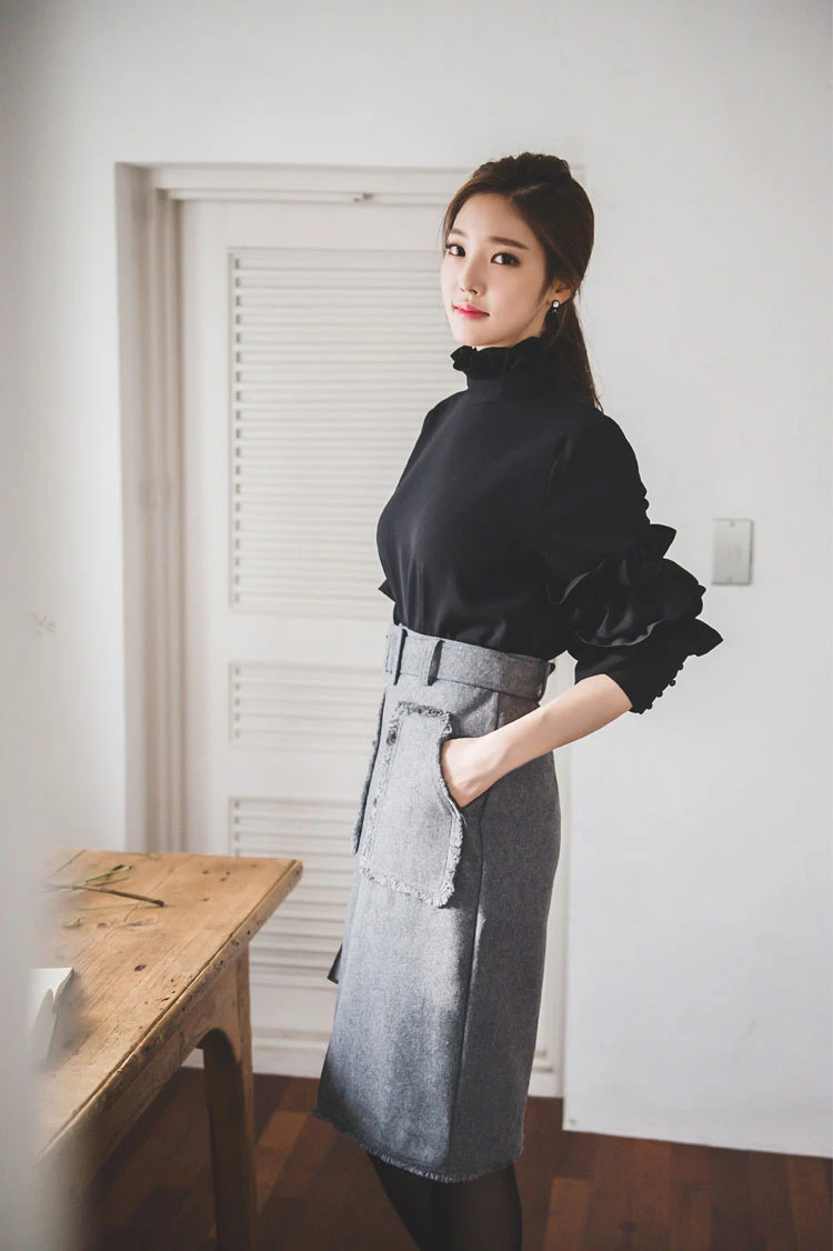 Blusas Mujer De Moda, модные шифоновые блузки с оборками, женские рубашки, Офисная Леди, лист лотоса, черная тонкая задняя просвечивающаяся блузка