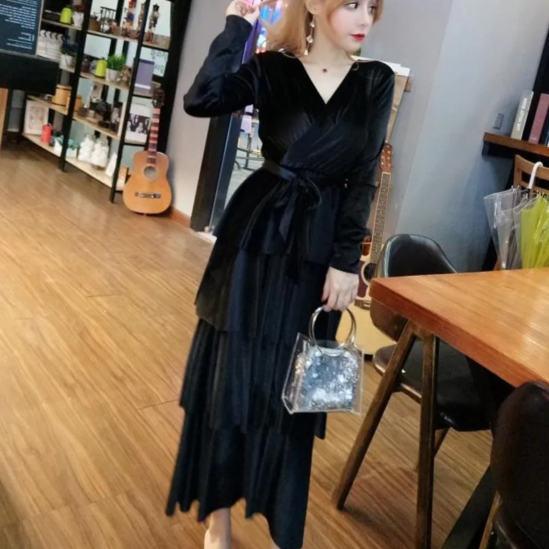 Осенне зимнее женское платье 2019 повседневное винтажное бархатное с длинным