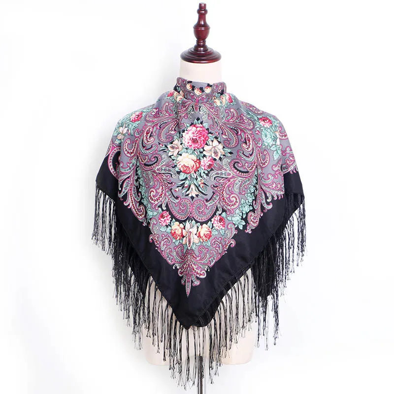 

Russia New Design Wquare Fashion Decorative handmade Tassel Scarf 90*90cm Flower Scarves Blanket Shawl Handkerchief For Women