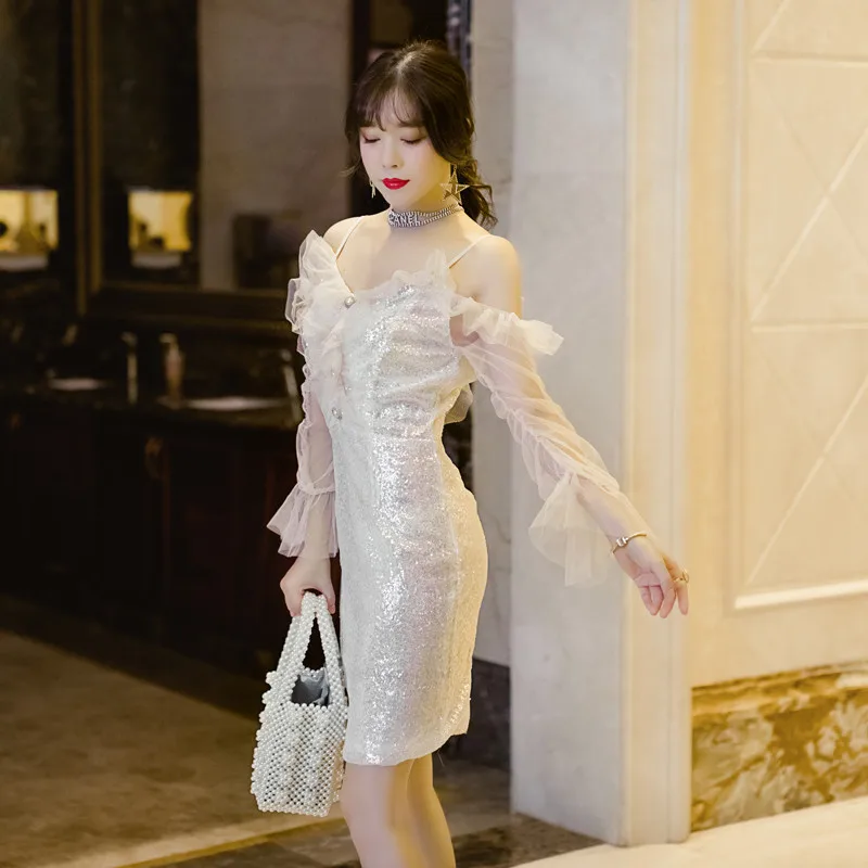 Summer Sexy Deep V Neck Nightclub Dress Blingbling Sequined Fairy Mesh Chic Mini Women Cold Shoulder A Line Party | Женская одежда