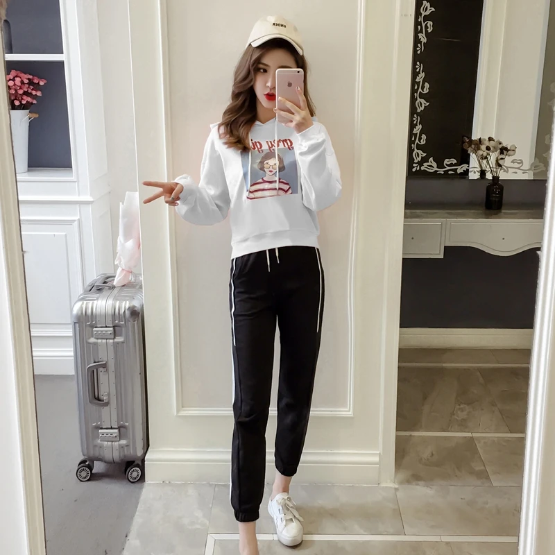 Set female 2018 autumn new temperament casual loose long-sleeved hooded shirt + trousers elegant fashion two-piece | Женская одежда
