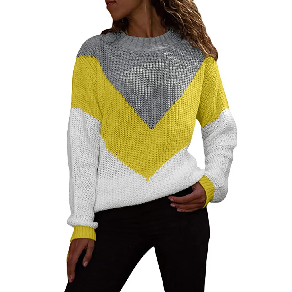 JAYCOSIN Hot Fashion Design Women Round Neck Color Block Long Sleeve Knitted Sweater Tops Pullover Jumper High Quality | Женская одежда