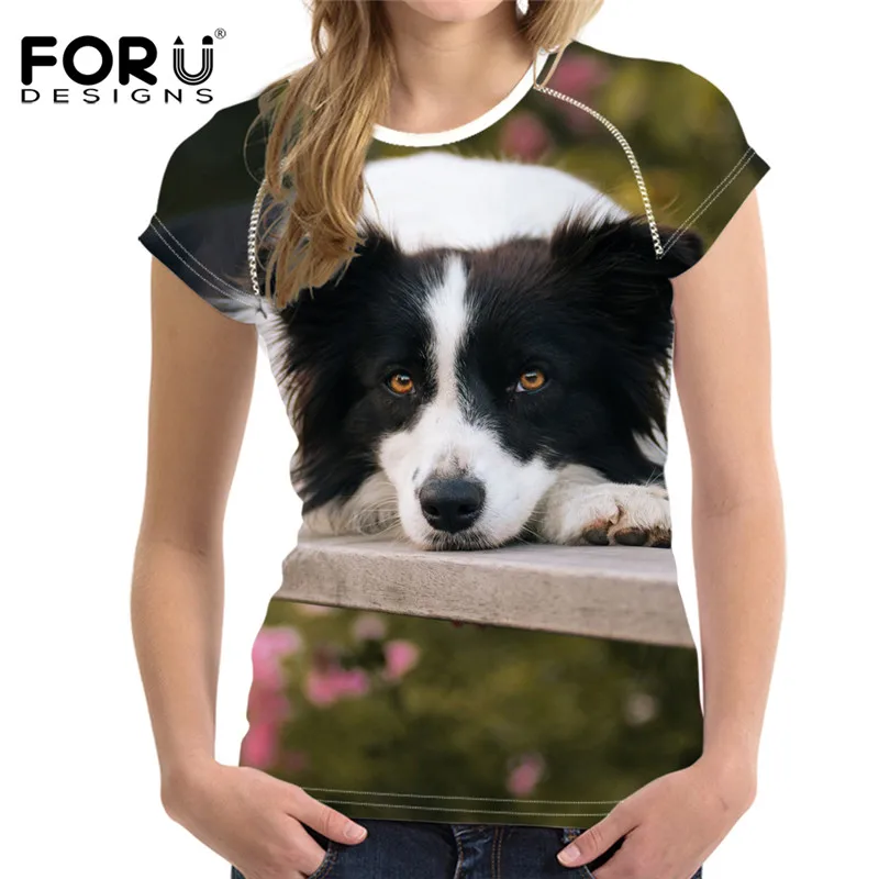 

FORUDESIGNS Animal Dog Design Woman T Shirt Border Collie Print Casual Short Sleeve T-shirts Girls Breathable Summer Tee Shirt