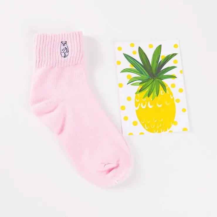 Pink C 1 Pair Women Fashion Embroidery Dog Patterns Cotton Winter Socks Cute Cartoon Pug Bulldog Sock Female Animal Short Socks - Цвет: Pink C
