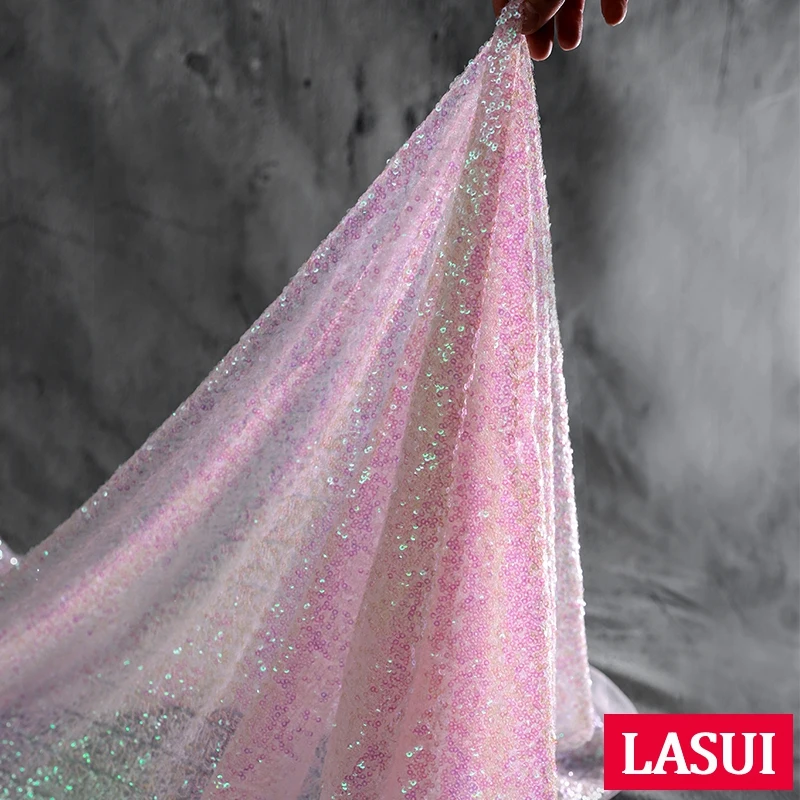 LASUI 1 ярд = 1 шт W0127 дизайнерская ткань мода для шитья градиент розовый маленький круглый рыбья чешуя сетчатые кружева с блестками ткань