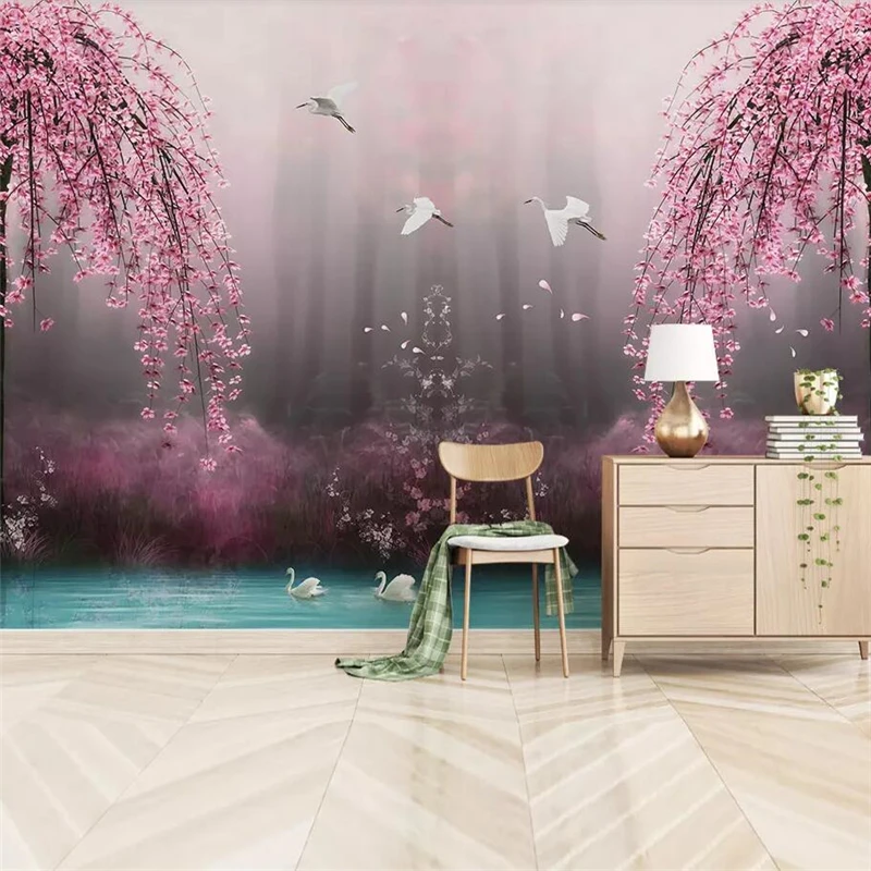 beibehang Beautiful dreamy pink cherry swan lake landscape TV background wall custom large mural green wallpaper papel de parede |