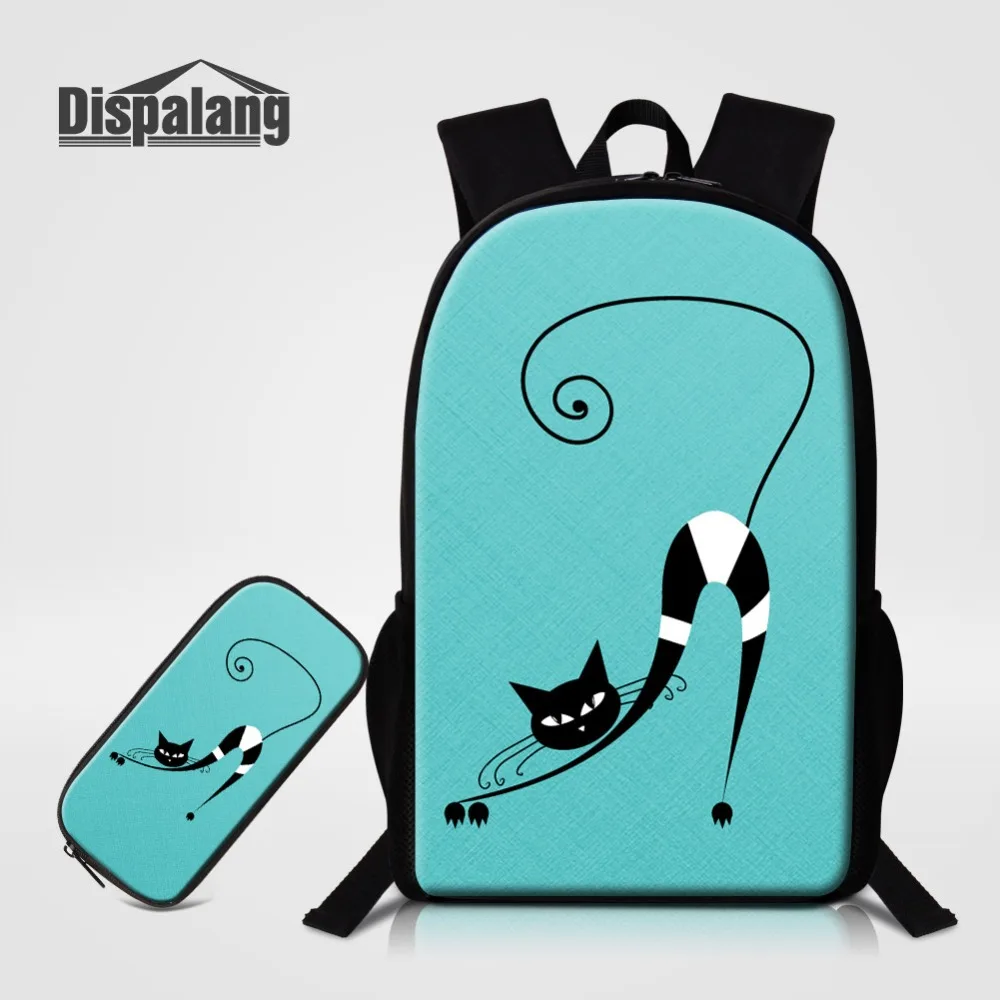 Школьная сумка с чехлом для студентов, комплект из 2 предметов, черно-белый рюкзак с принтом кота, милый детский рюкзак, Прямая поставка