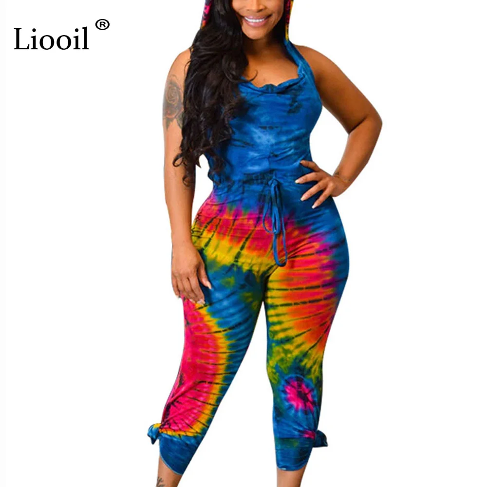 Liooil Tie Dye комбинезон с капюшоном с открытой спиной сексуальный комбинезон Колготки Новое поступление Bodycon Вечерние Клубные Комбинезоны женские Комбинезоны Шорты