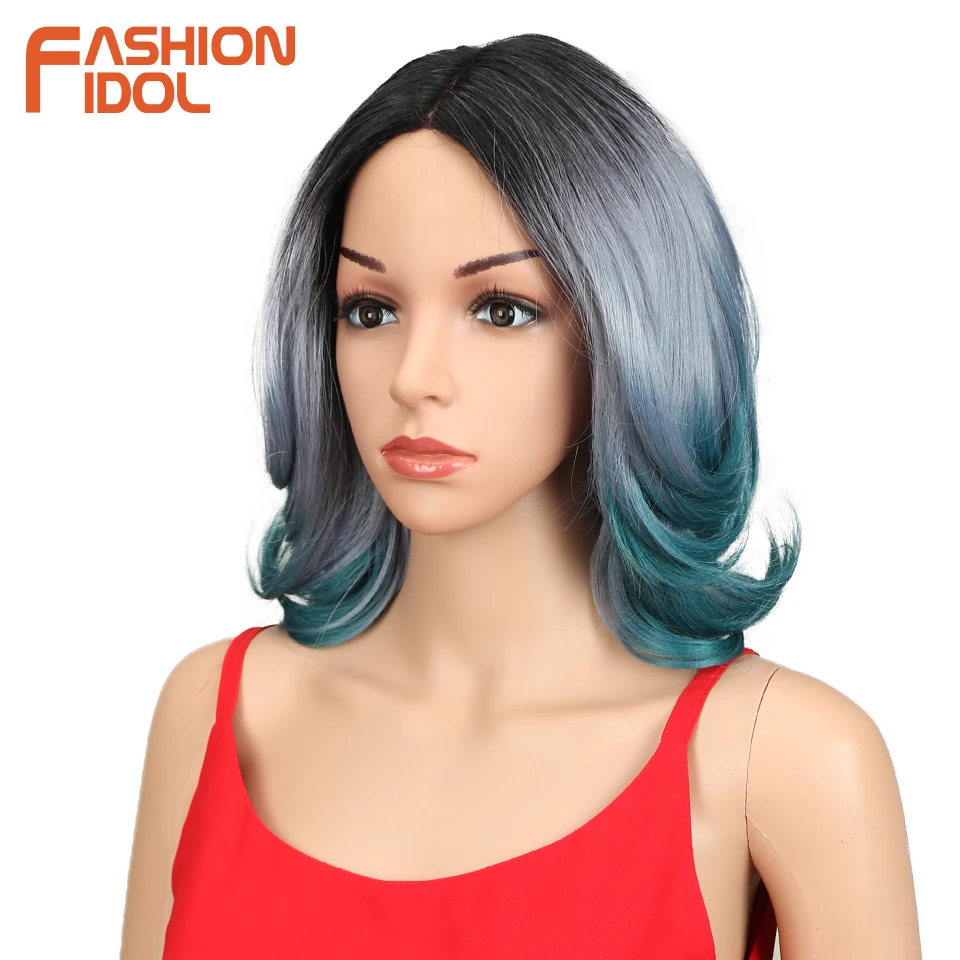 FASHION IDOL Synthetic Hair Short Wigs For Black Women Crack Lace Front Wig Ombre 14 Inch Heat Resistant | Шиньоны и парики