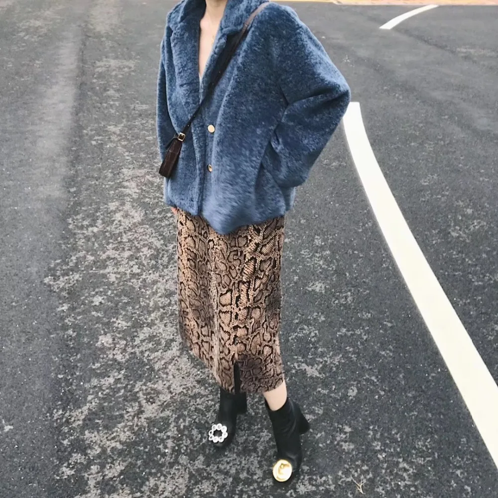 Women Snake Print Skirt Elastic Waist Korean Midi Skirts Women's 2018 Office Lady A Line Split Straight Long Faldas Mujer | Женская