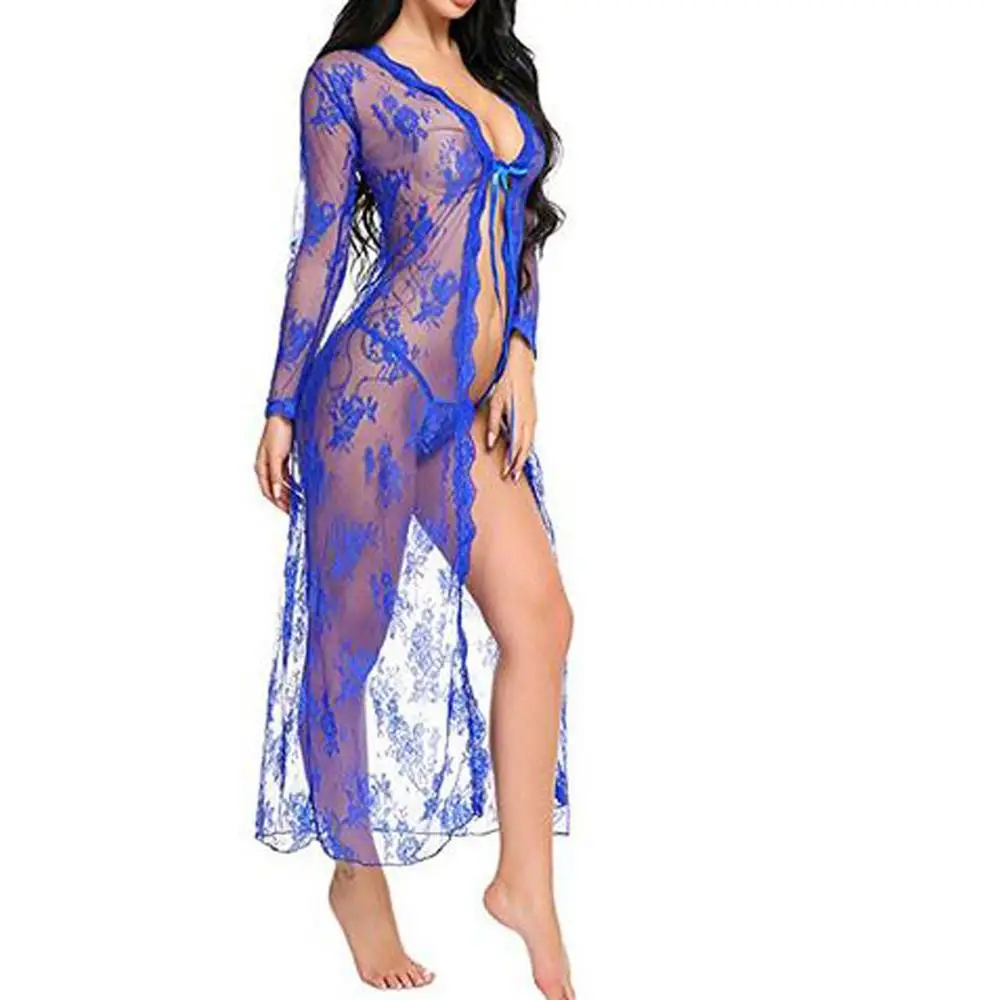 Синий Женское сексуальное нижнее белье Babydoll, сексуальное эротическое нижнее белье, костюмы, длинная ночная рубашка, одежда для сна, белье с стрингами, пижама, халат, Lenceria - Цвет: Синий