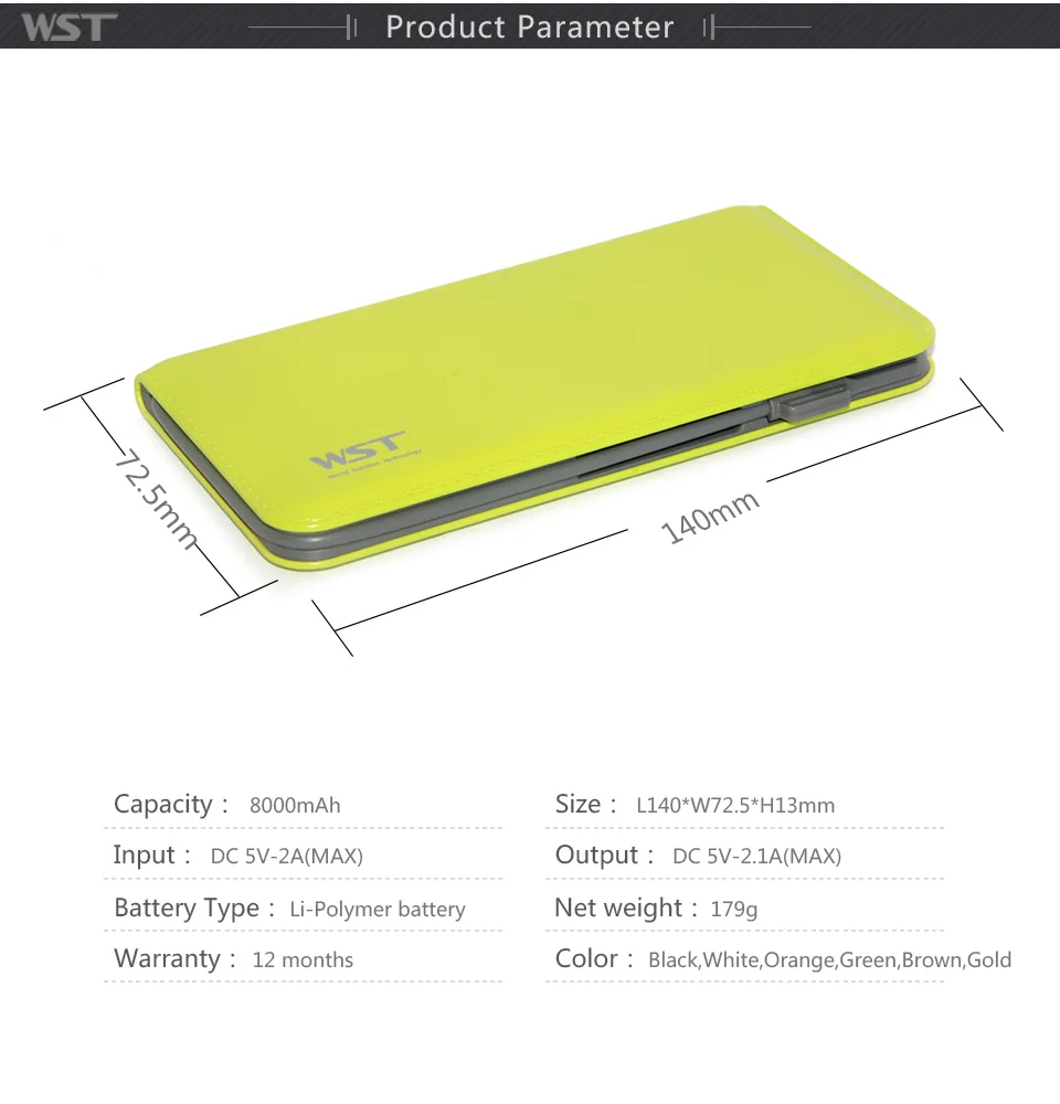 WST Быстрая зарядка PowerBank 8000 мАч ультра тонкий внешний портативный аккумулятор со встроенным кабелем для IOS Android Caricatore Portatile