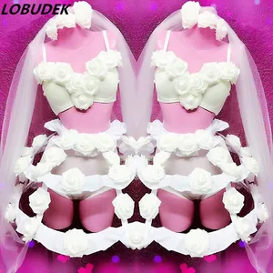 Для женщин День святого Валентина для ночного клуба Детский костюм для вечеринок белые цветы бикини юбка этап наряд Сексуальная бар клуб выступление танцора Костюмы