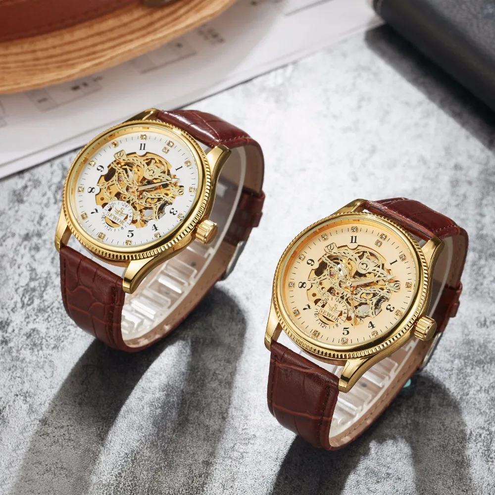 SEWOR механические Автоматические часы для мужчин с кожаным скелетом Mecanico