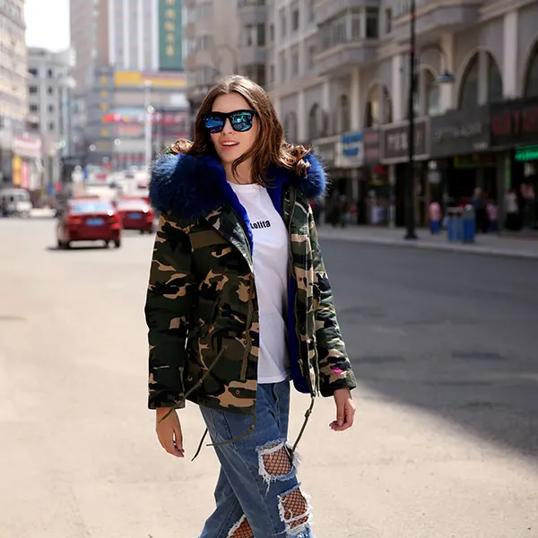 AORRYVLA новые зимние женское куртки модные камуфляжные цвет короткие парки сшита из Хлопок ткани и утеплена хорошим искусственная кролика меха На капюшоне густой мех енота - Цвет: Color 1