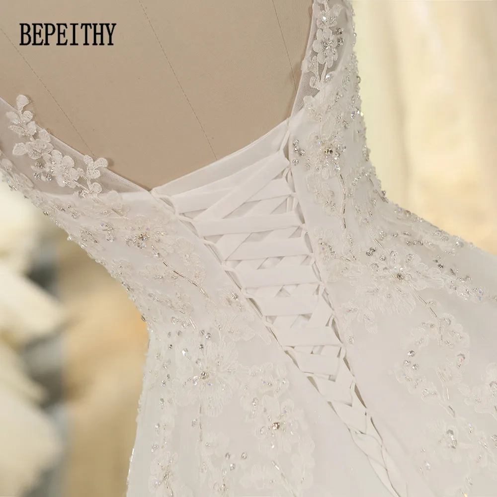 

BEPEITHY High Quality Real Photo vestido de noiva New Design Elegant Scoop Appliques Beads Ivory Tulle A-Line Wedding Dress 2019