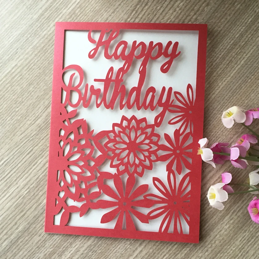 

50pcs/lot Laser Cut Glossy paper Birthday Thank You Cards Postcard greeting card Happy Birthday Blessing gift card