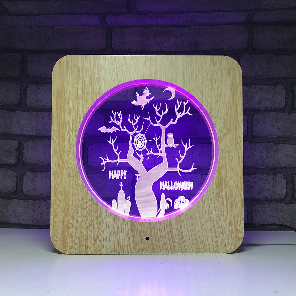 Новый деревянный холлоуин 3D светодиодный RGB Ночник светильник 7 цветов меняющий