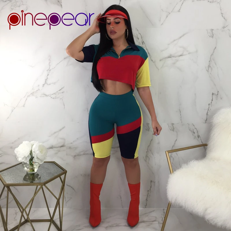 Женский костюм для фитнеса из кроп топа с коротким рукавом и брюк до