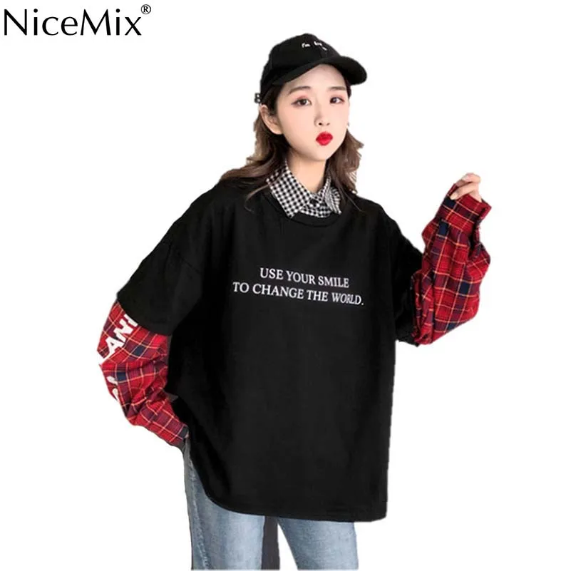 NiceMix Harajuku футболка Женские топы Поддельные 2 шт. футболка Лоскутная клетчатая рубашка с длинным рукавом Уличная рубашка Camiseta Feminina
