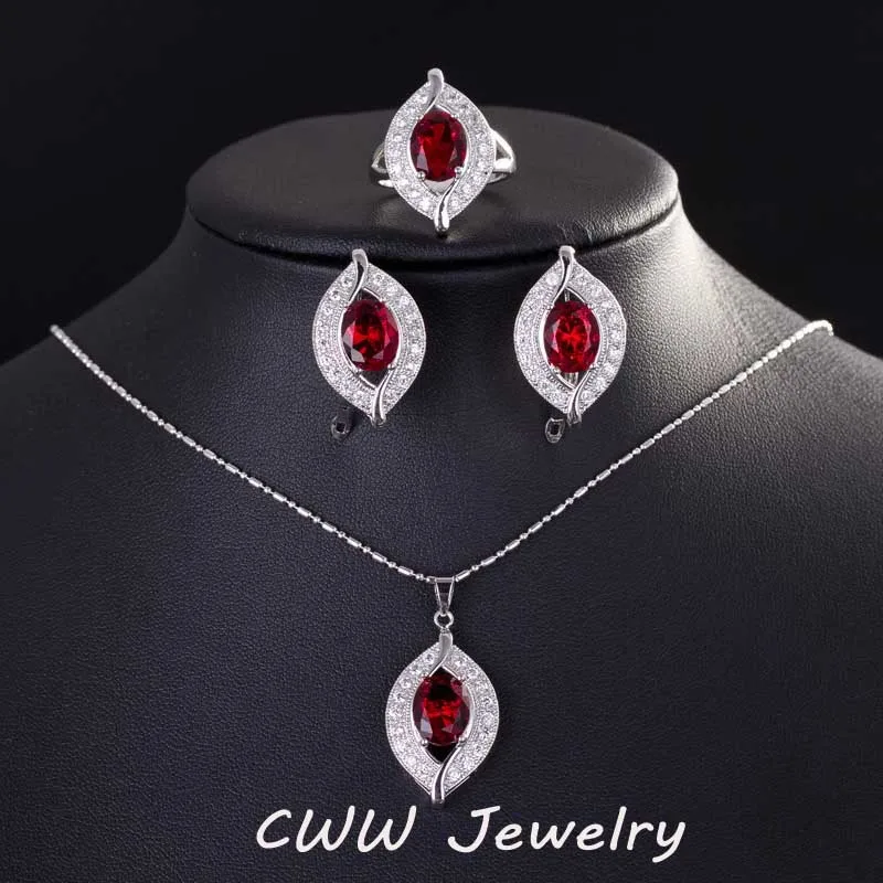 red CWWZircons Высокое качество Красный Кристалл 925 пробы Серебряное ожерелье серьги и кольцо наборы ювелирных изделий для женщин Рождественский подарок T192 - Окраска металла: red
