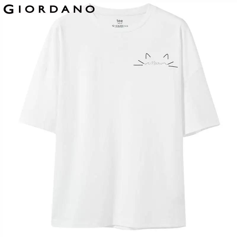 Giordano женская футболка белая с графическим принтом рисунком кота коротким