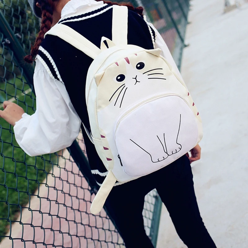 Lovely Cat Printing Backpack Women Canvas School For Teenagers Ladies Casual Cute Rucksack Bookbags(Creamy-White) | Багаж и сумки