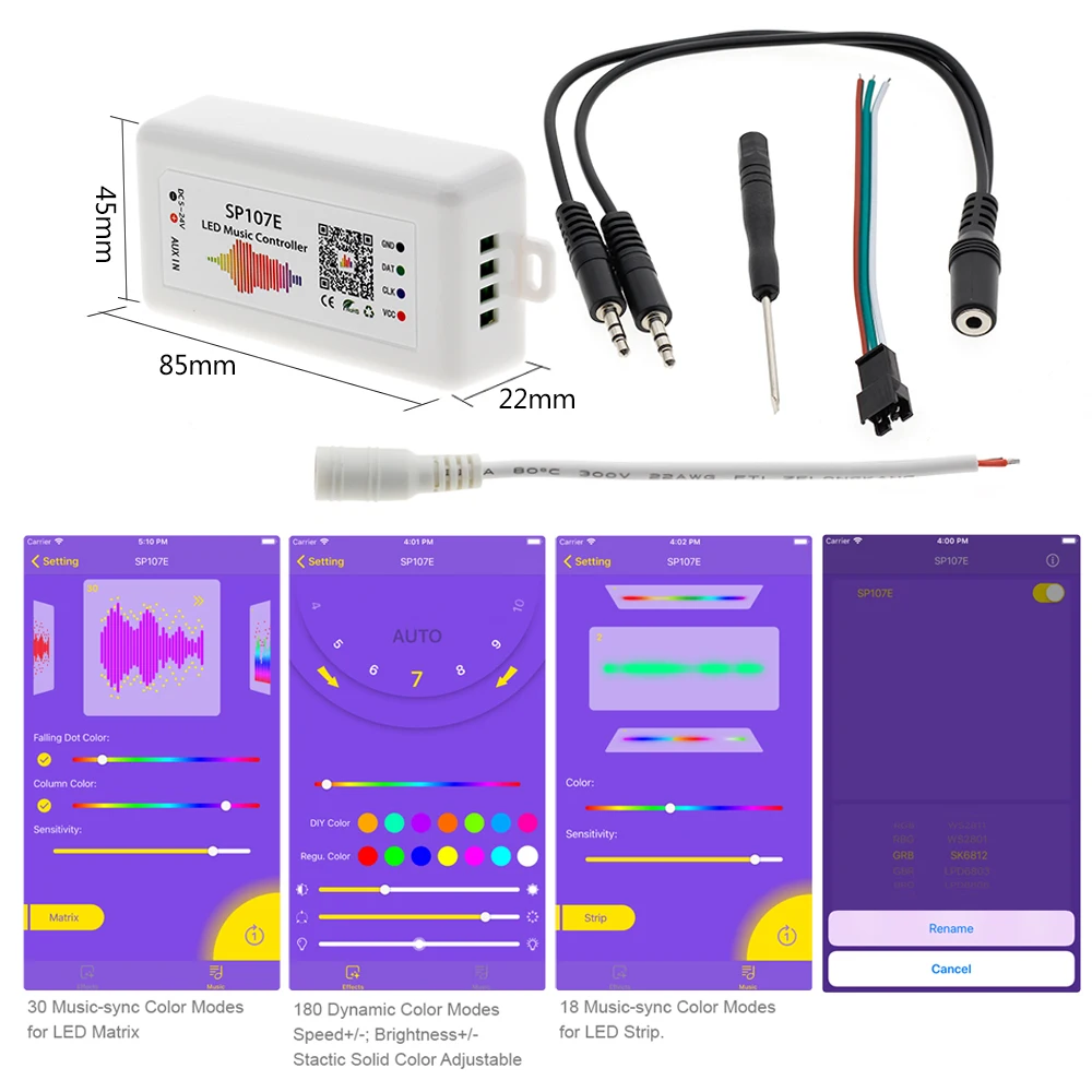 SP107E Bluetooth светодиодный музыкальный контроллер полноцветный пиксель IC SPI контроллеры от смартфона приложение для WS2812B WS2813 SK6812 Светодиодная лента