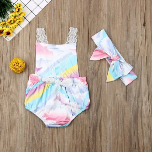 2019 Брендовое Кружевное боди с радужным принтом для новорожденных девочек