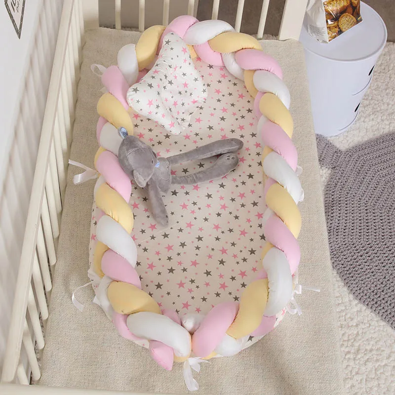 yellow Переносная детская вязаная кроватка с подушкой для новорожденного, спальное гнездо, детская кровать, дорожная люлька, бампер, Съемный и моющийся, 0-24 месяца - Цвет: yellow