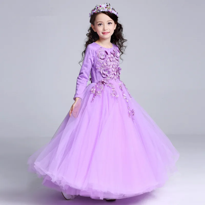 Purple Long Flower Girls Dress European Fancy Girl Princess Costume 2020 Clothes For 4 6 8 10 12 14 Years RKF175001 | Детская одежда и